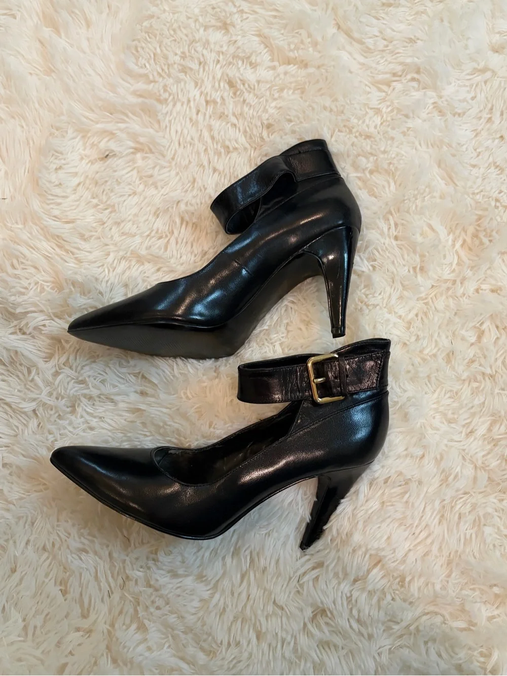 Nine West Black Pointed-Toe Ankle Strap Heels with Gold Buckles